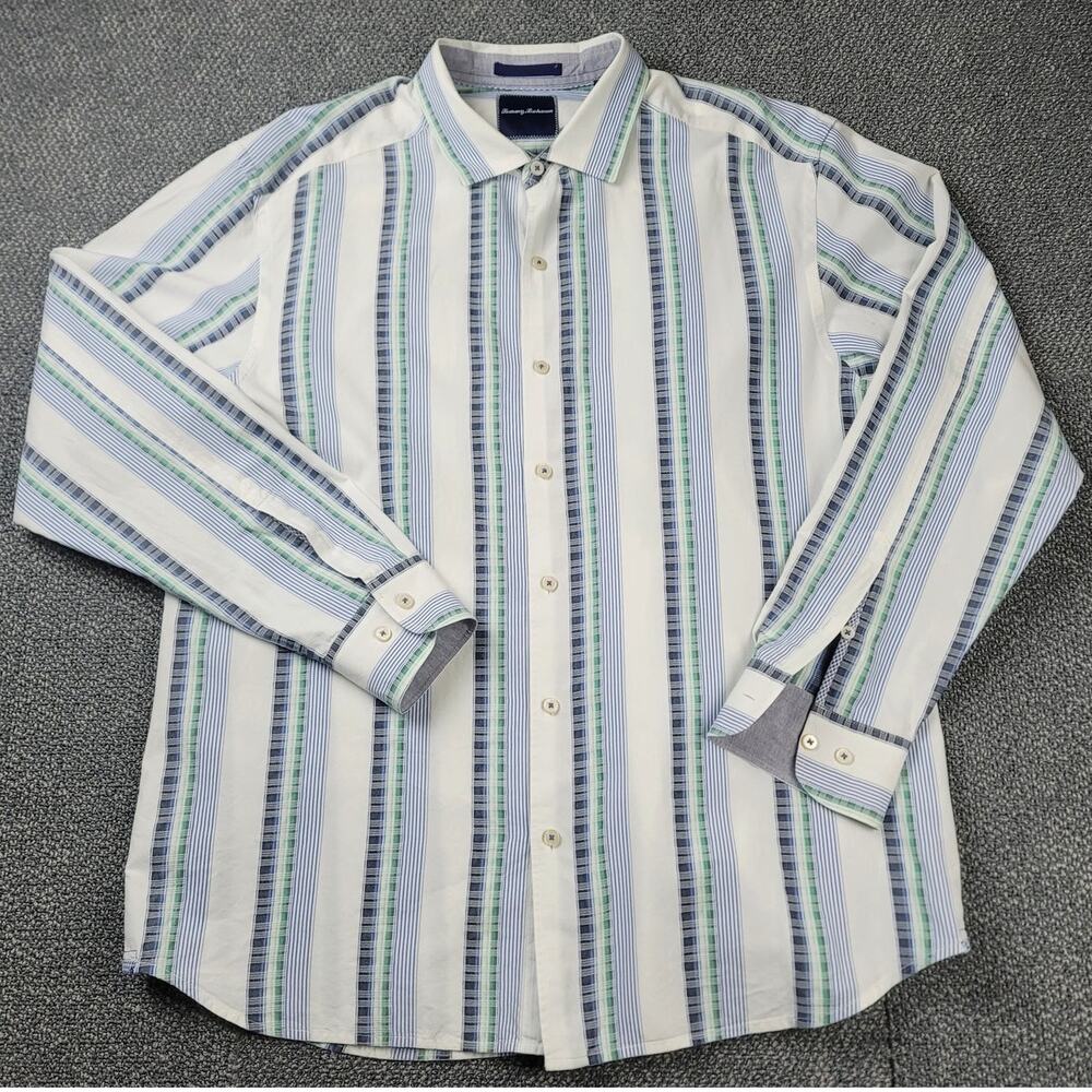 Tommy Bahama Shirt Men's XL Blue Stripe Silk Blend Button Down LS Casual Work